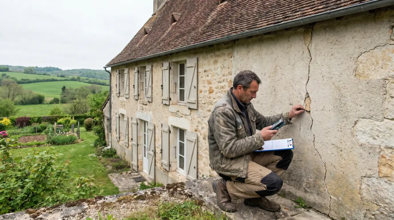 Auditeur examinant le mur fissuré d'une maison ancienne