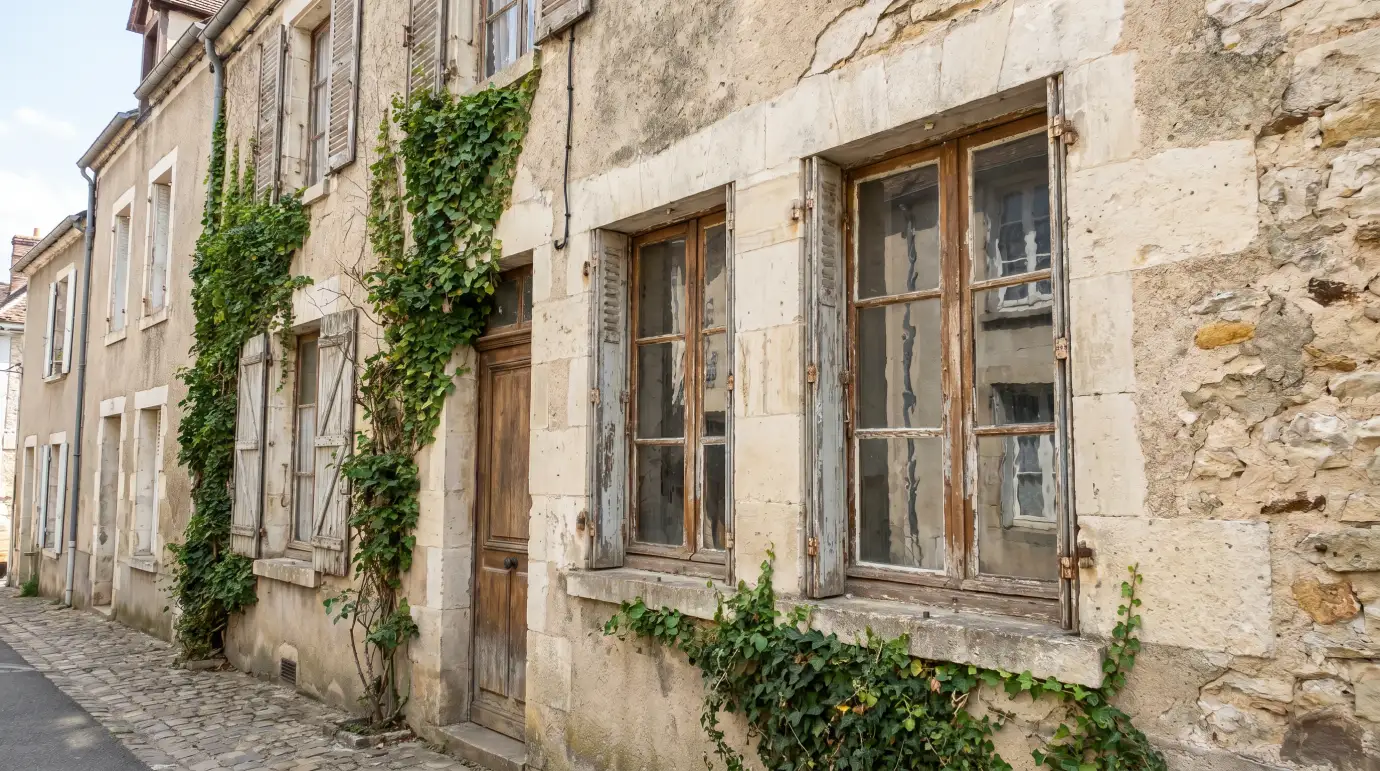 Façade d'une maison ancienne aux fenêtres à simple vitrage usées