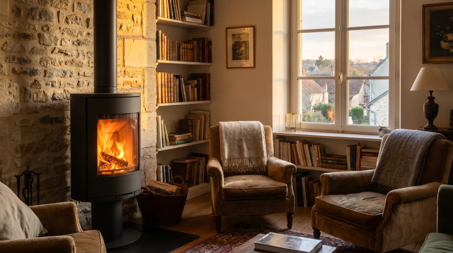 Poêle à bois moderne avec flambée dans un salon cosy