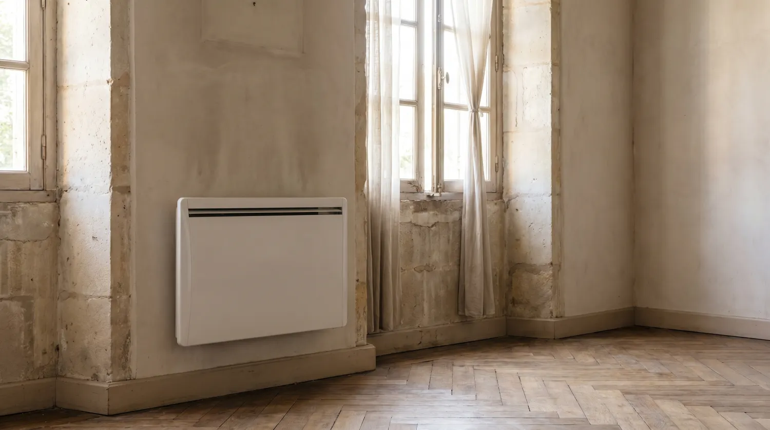 Convecteur électrique blanc sous une fenêtre dans une pièce ancienne