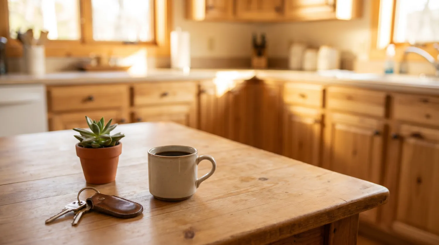 Table de cuisine rangée avec clés, plante et tasse de café