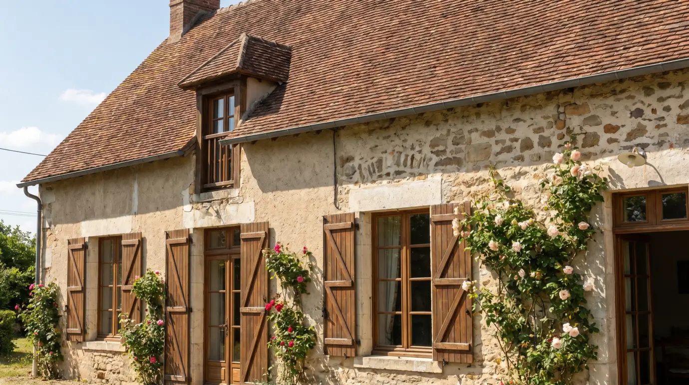 Façade et toit d'une maison française en pierre avec rosiers