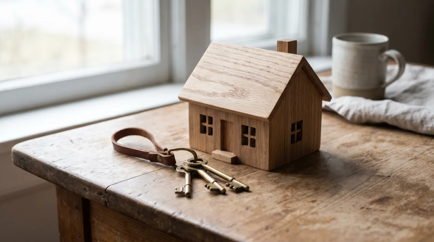 Maison en bois miniature et clés sur une table près d'une fenêtre