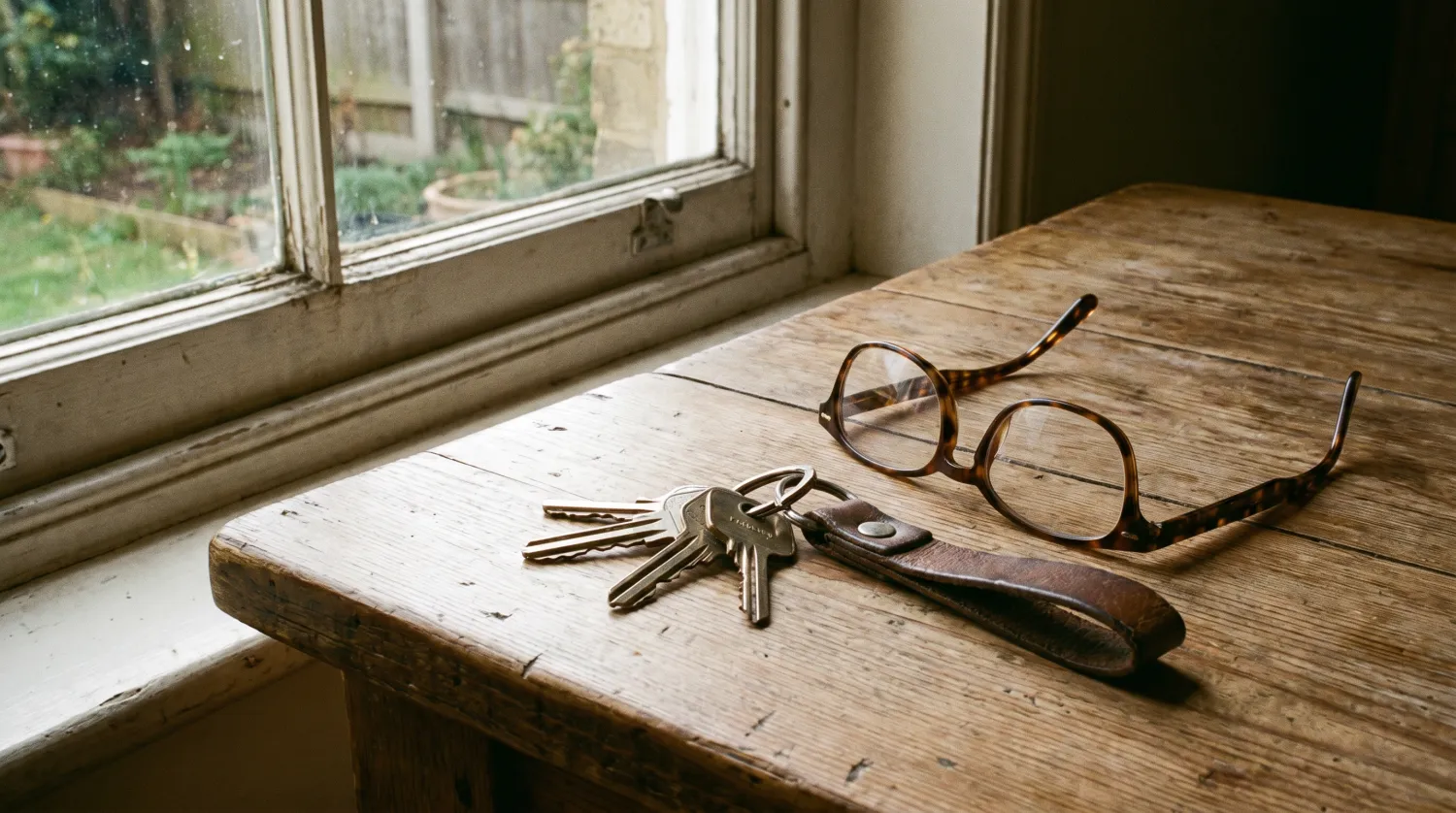 Clés et lunettes de lecture sur une table en bois près d'une fenêtre