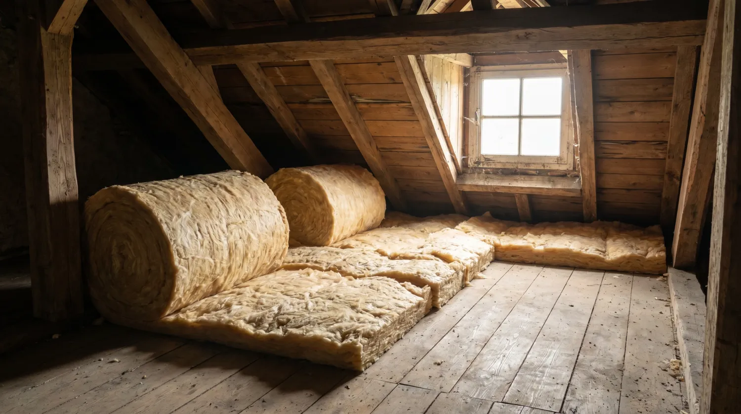 Rouleaux de laine de verre déroulés dans les combles d'une maison