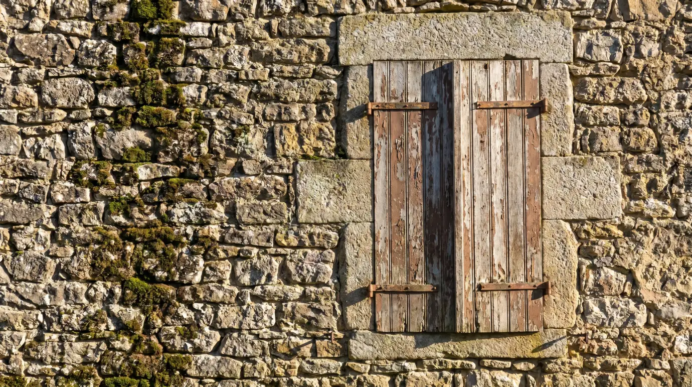 Mur en pierre et fenêtre à volets en bois d'une maison ancienne