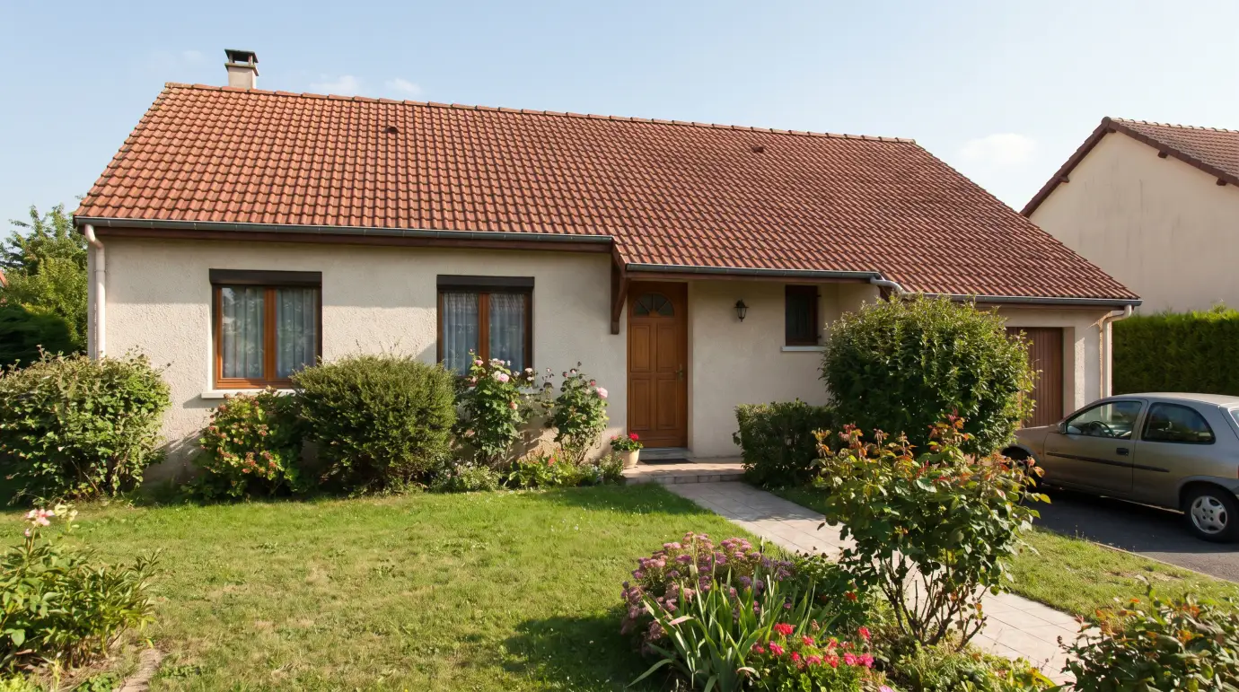 Pavillon français des années 70-80 avec toit en tuiles et jardin