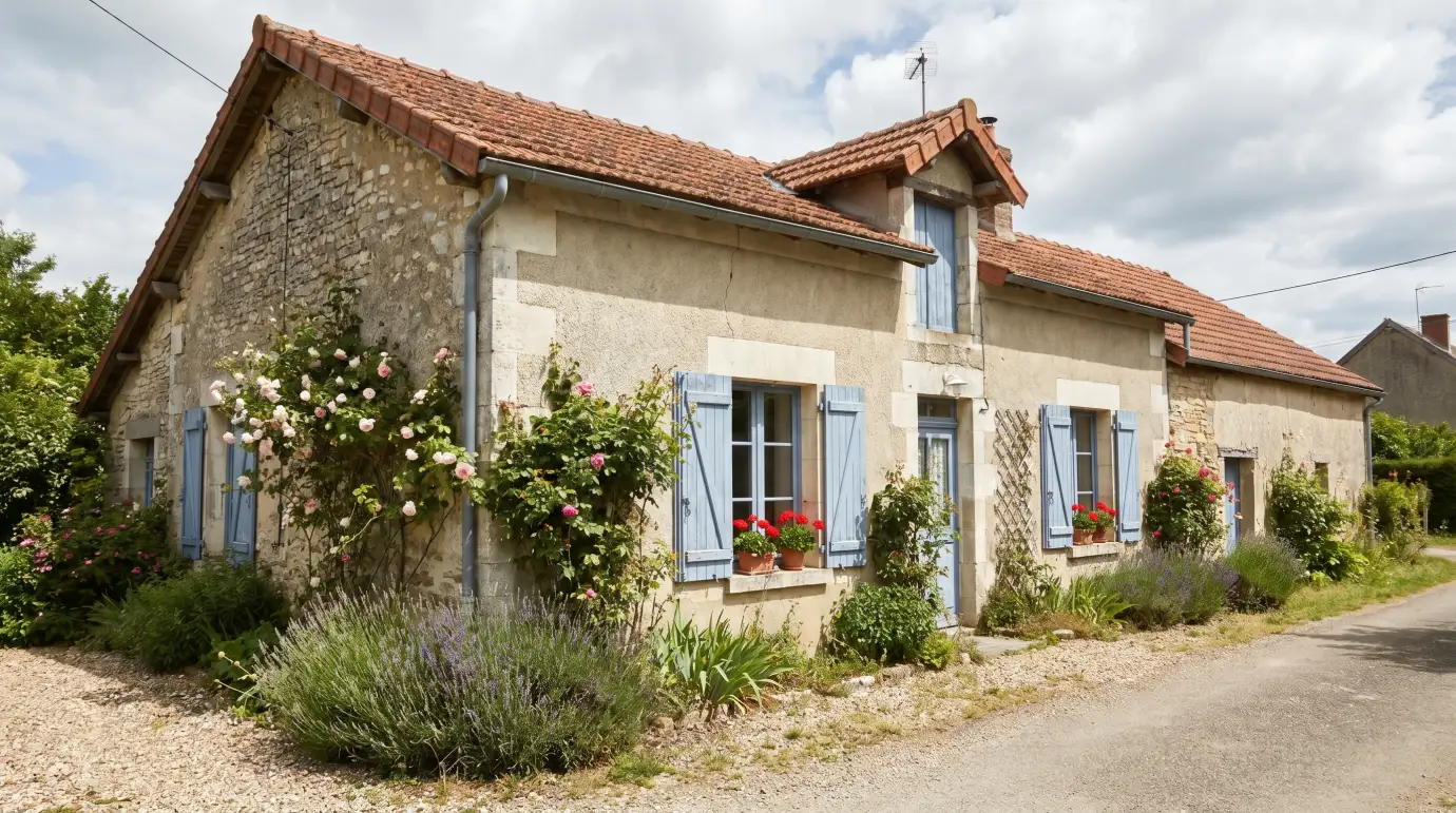 Charmante maison ancienne en pierre aux volets bleus et rosiers