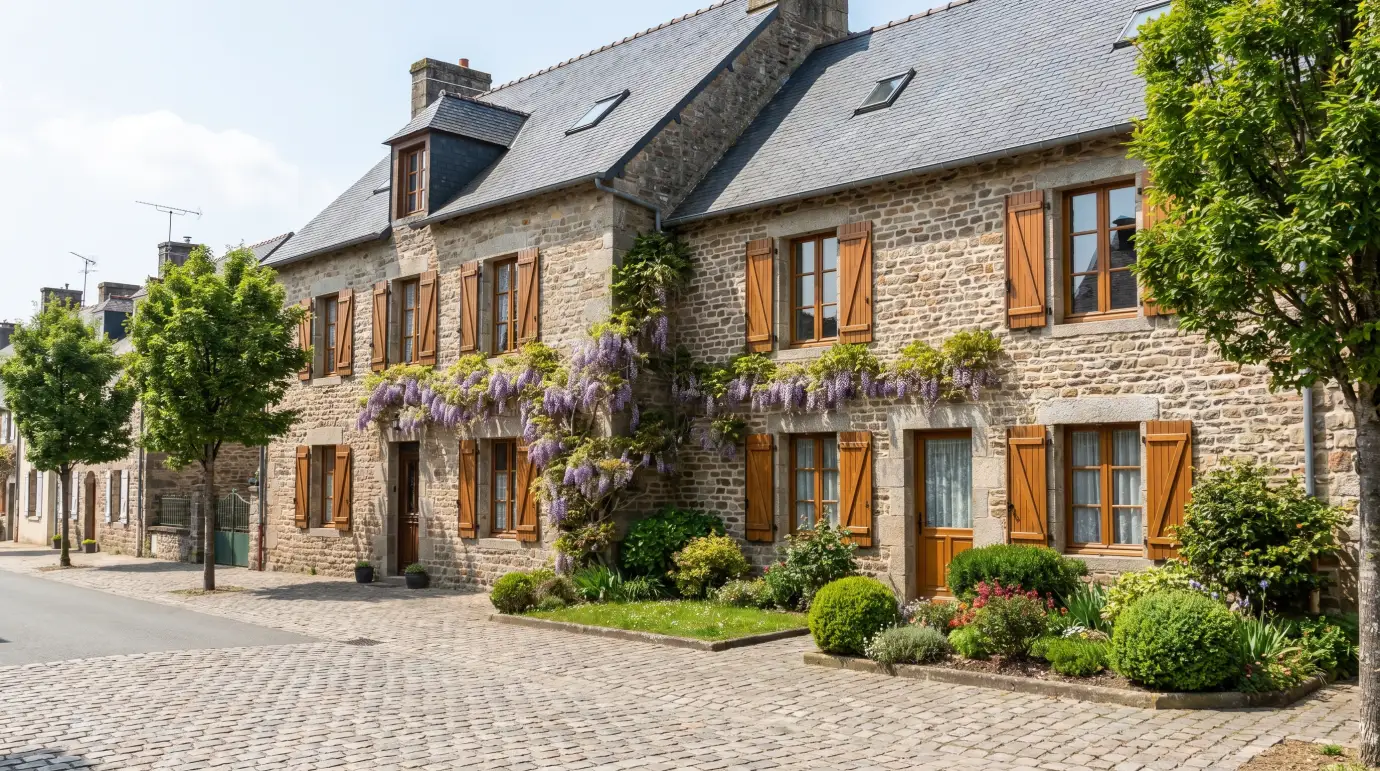 Deux maisons mitoyennes en pierre avec glycine, rue pavée