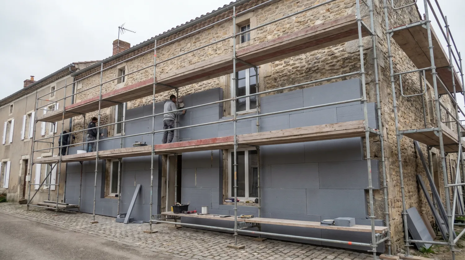 Façade d'une maison avec pose d'isolation extérieure et échafaudage
