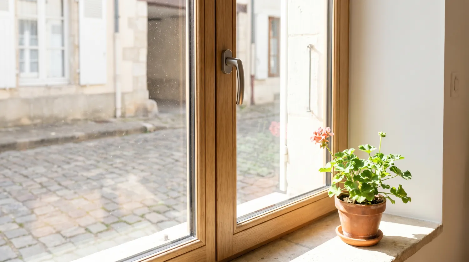 Fenêtre en bois à double vitrage avec un géranium sur le rebord