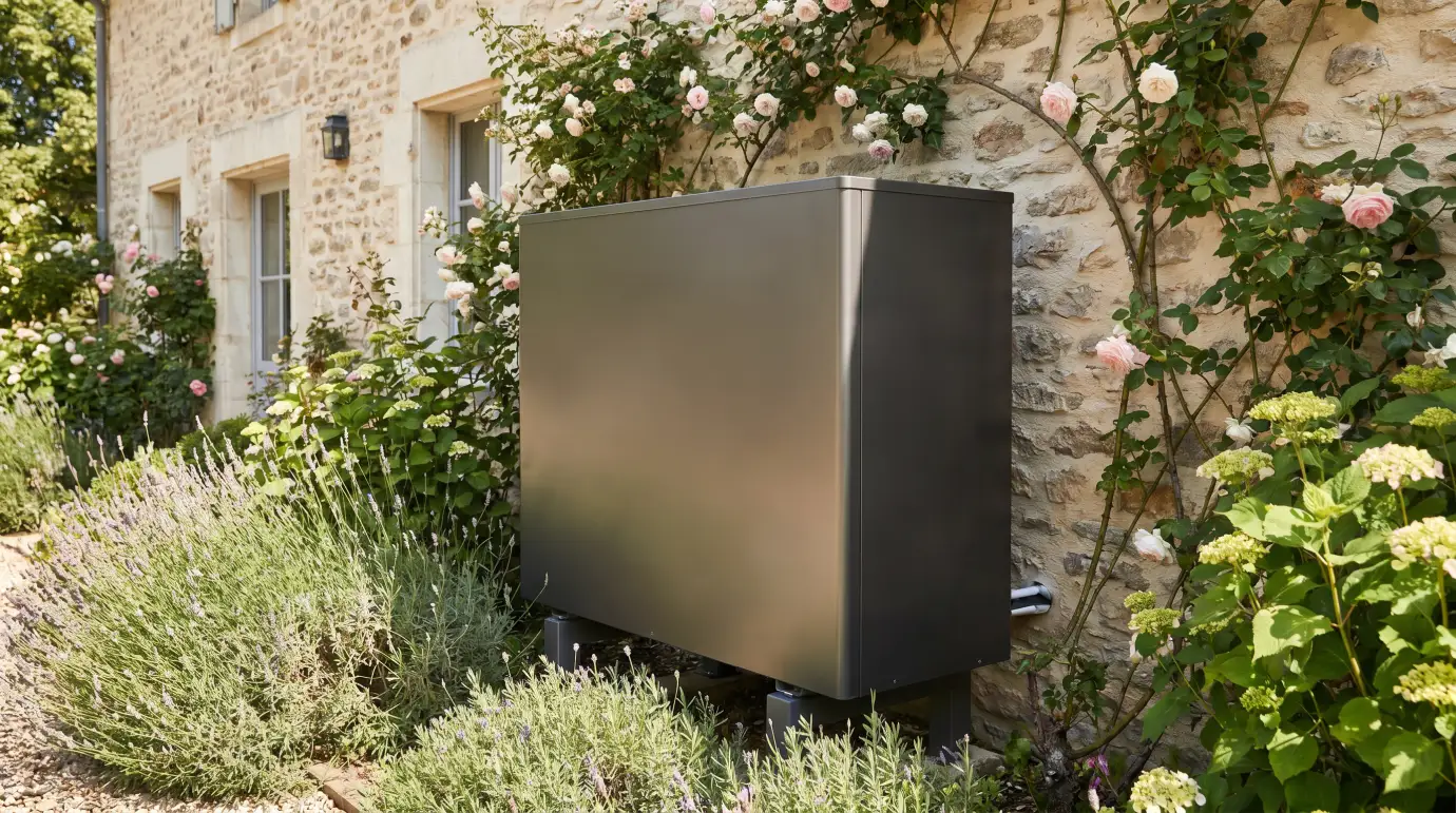 Pompe à chaleur installée contre le mur en pierre d'une maison fleurie