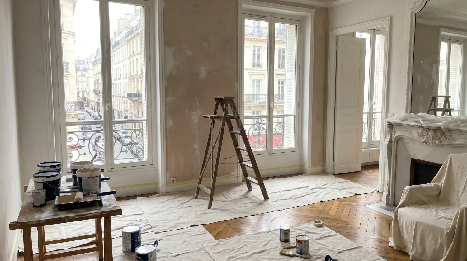 Salon en rénovation avec bâches, escabeau et pots de peinture