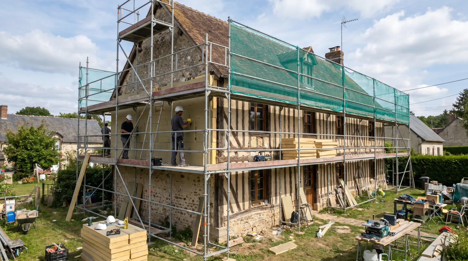 Maison ancienne avec échafaudage, rénovation en cours