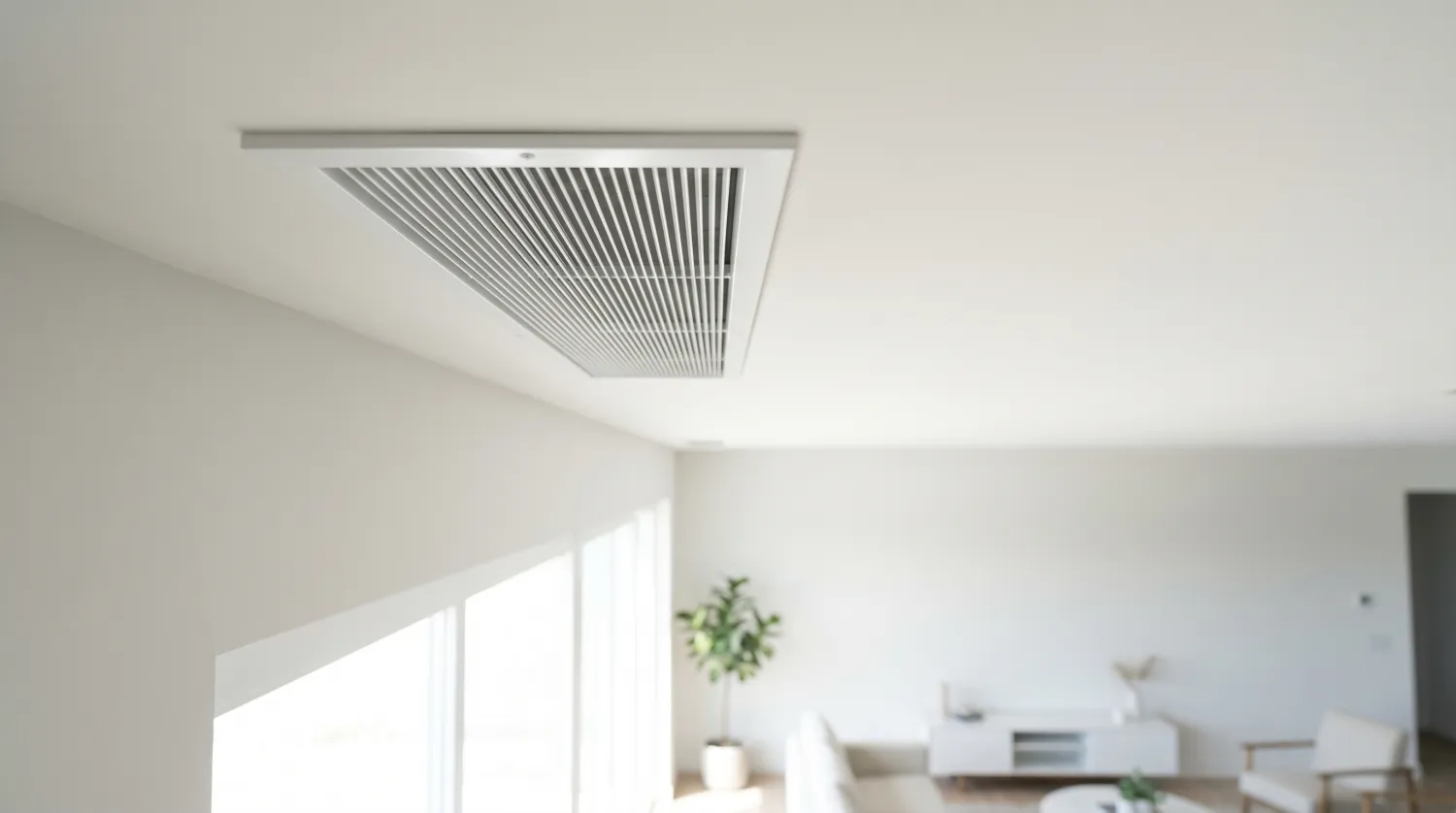 Bouche d'aération de VMC au plafond d'une pièce lumineuse