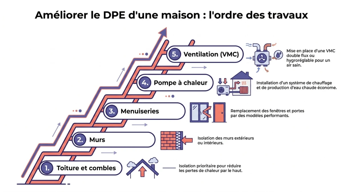 Infographie de l'ordre des travaux pour améliorer le DPE d'une maison : toiture, murs, menuiseries, chauffage, ventilation