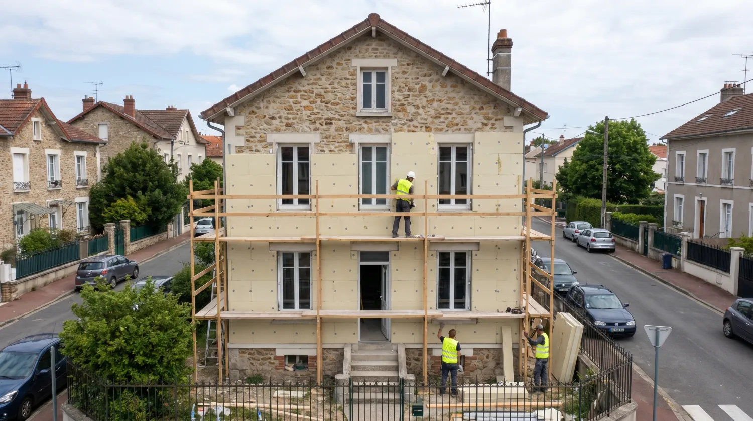 Maison en cours de rénovation énergétique avec échafaudage et isolation de façade