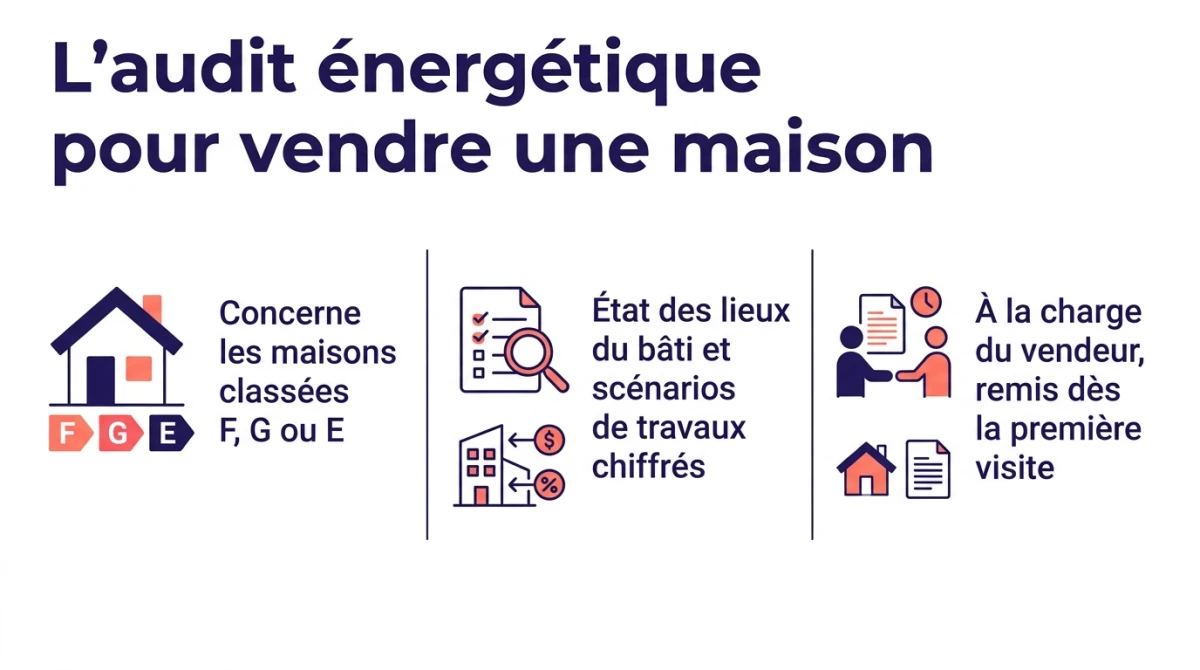 Infographie de l'audit énergétique pour vendre une maison : classes F, G, E concernées, contenu et remise au vendeur