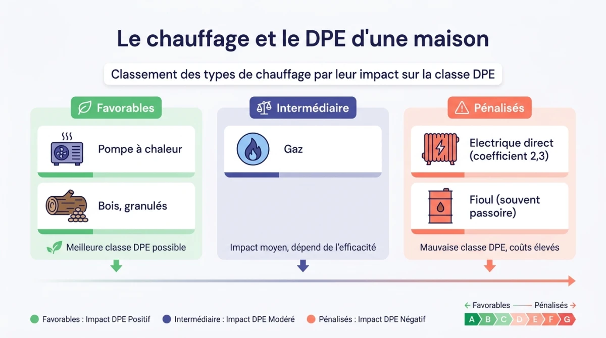 Infographie classant les types de chauffage par leur impact sur le DPE d'une maison