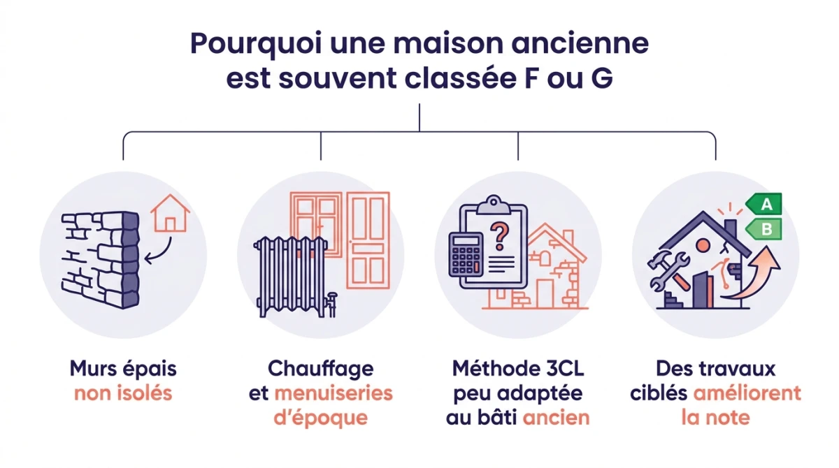 Infographie : pourquoi une maison ancienne est souvent classée F ou G au DPE