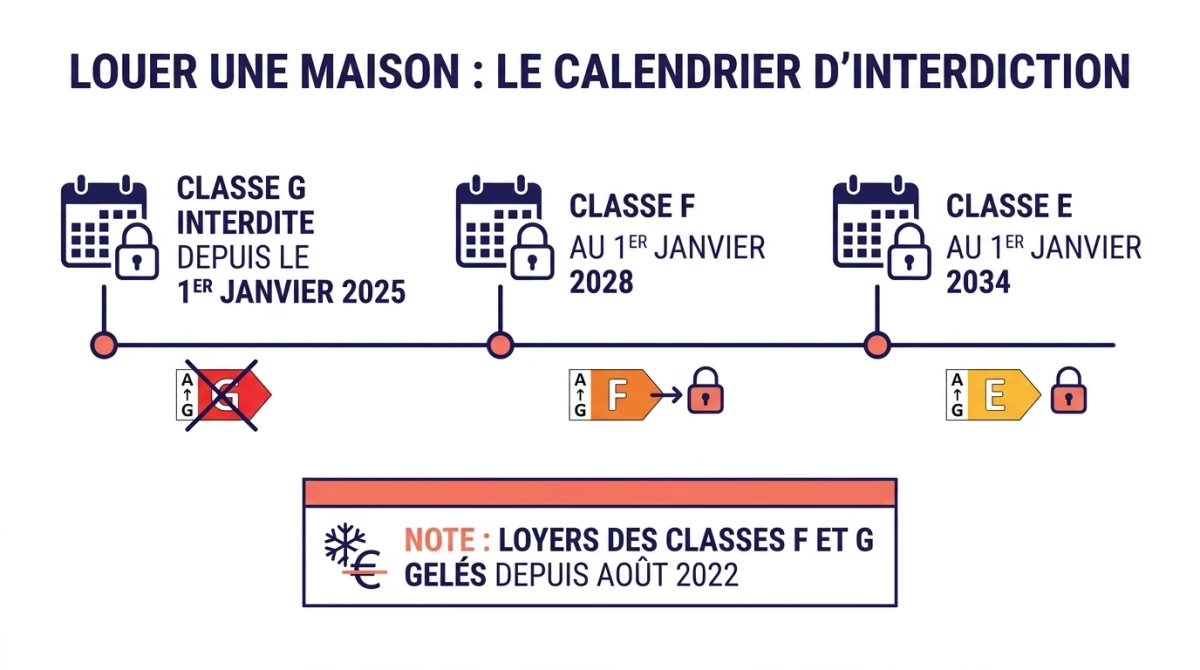 Infographie du calendrier d'interdiction de location d'une maison selon le DPE : classe G en 2025, F en 2028, E en 2034