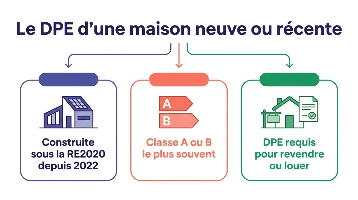 Infographie du DPE d'une maison neuve ou récente : RE2020, classe A ou B, DPE requis pour vendre ou louer