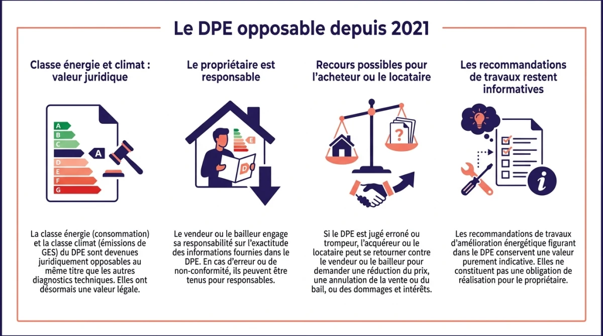 Infographie sur le DPE opposable d'une maison : valeur juridique, responsabilité du propriétaire et recours de l'acquéreur