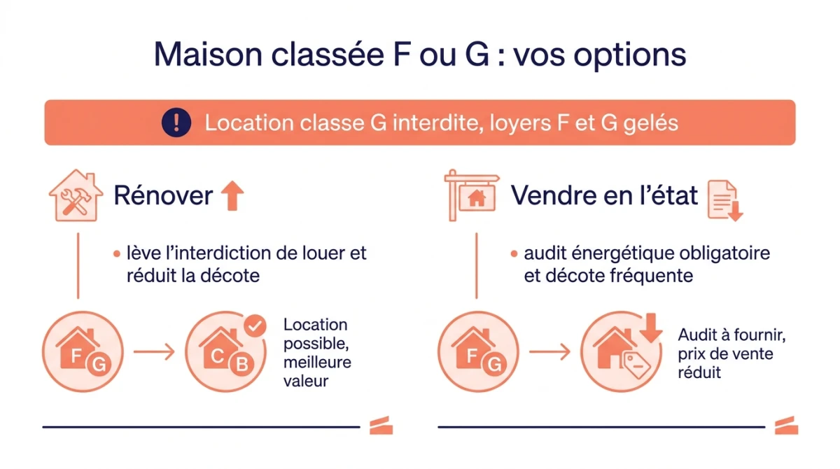 Infographie des options pour une maison classée F ou G : rénover ou vendre en l'état