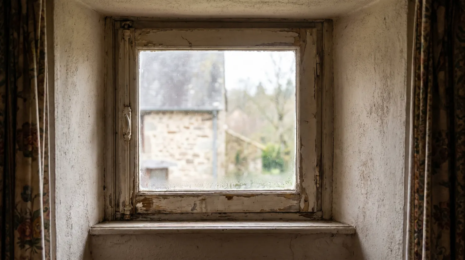 Vieille fenêtre à simple vitrage au cadre en bois abîmé dans une pièce ancienne