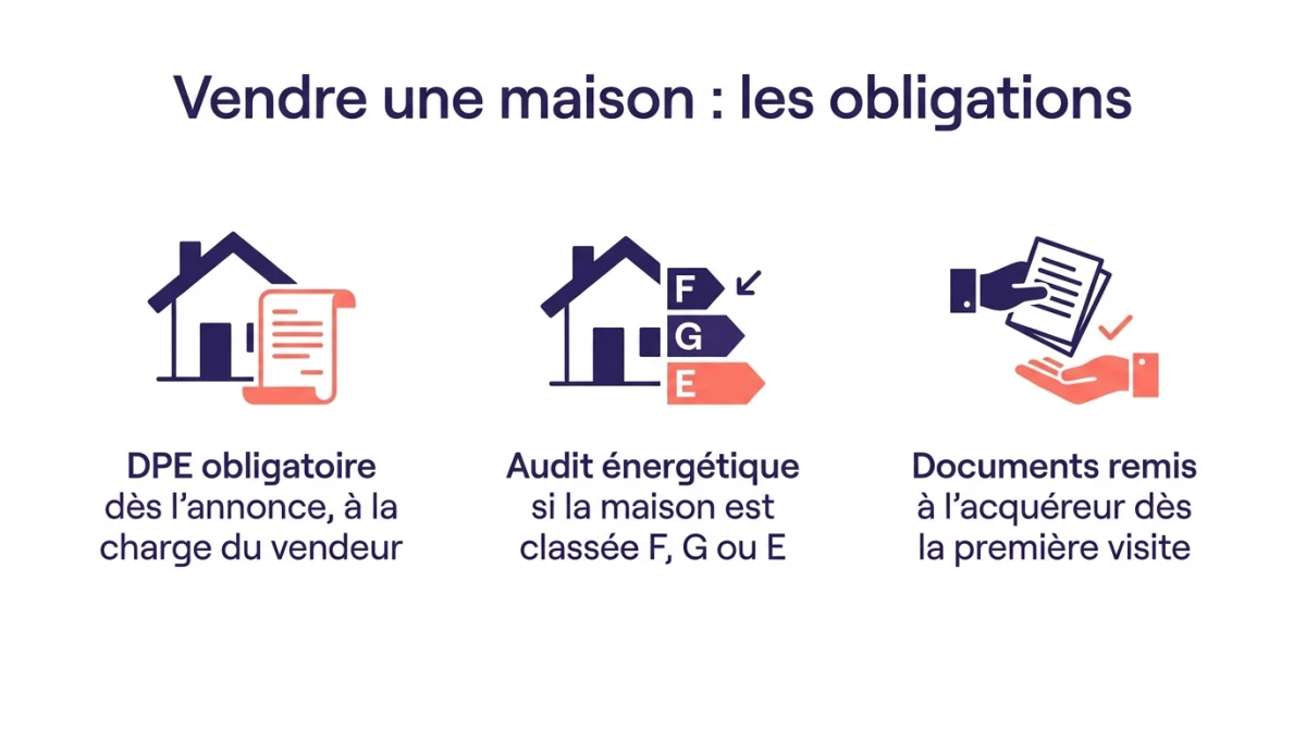 Infographie des obligations pour vendre une maison : DPE dès l'annonce et audit énergétique si la maison est classée F, G ou E