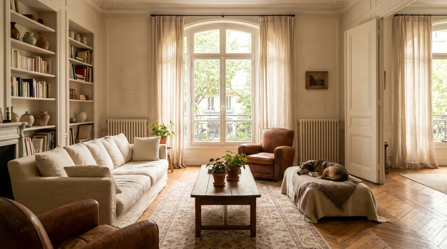 Salon haussmannien lumineux aux grandes fenêtres avec parquet et bibliothèque
