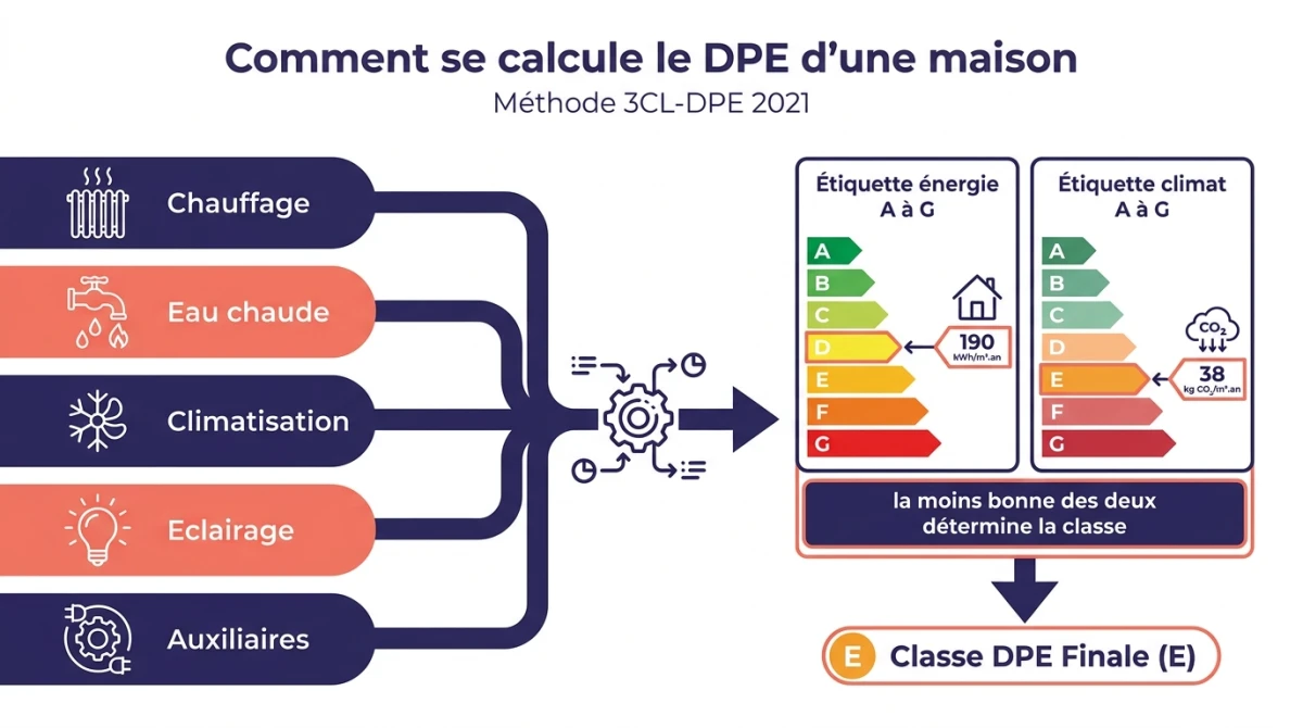 Infographie de la méthode 3CL-DPE 2021 d'une maison : cinq postes de consommation et double étiquette énergie-climat