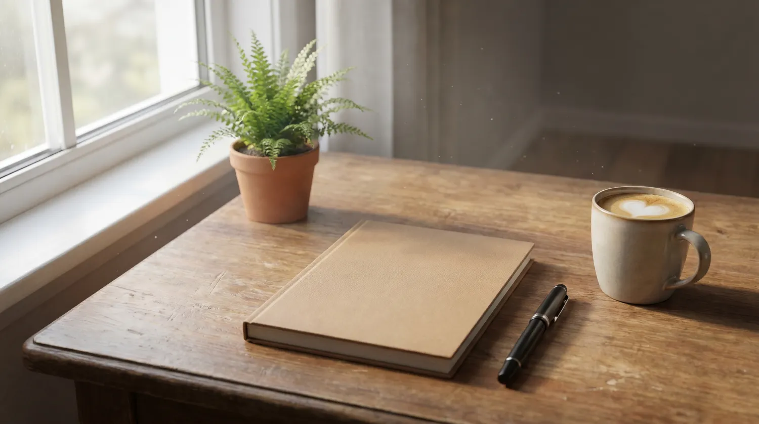 Carnet vierge, stylo plume et tasse de café sur un bureau en bois près d'une fenêtre