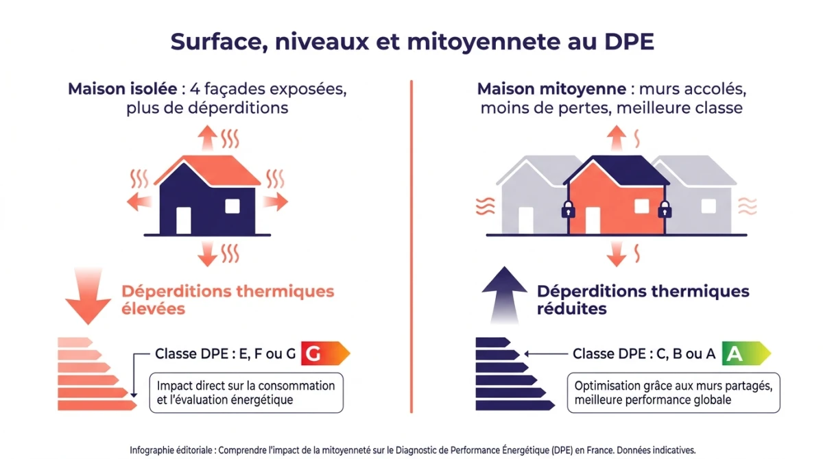 Infographie comparant le DPE d'une maison individuelle isolée et d'une maison mitoyenne