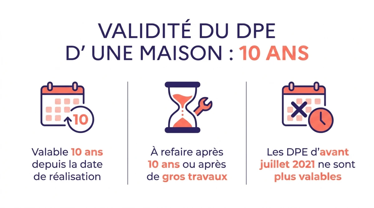 Infographie de la validité du DPE d'une maison : valable 10 ans, à refaire après gros travaux, DPE d'avant juillet 2021 caducs